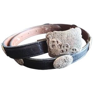 Western Concho Engraved Buckle Leather Belt Women's M Black Silver Made in USA